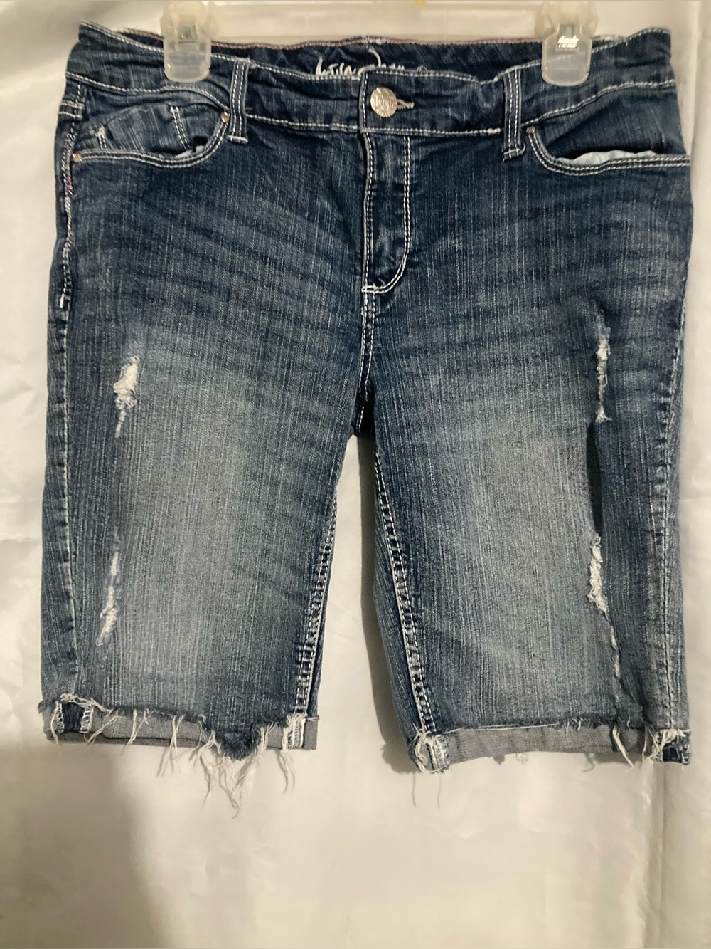 Distressed Mid-Blue Denim Bermuda Shorts - Women